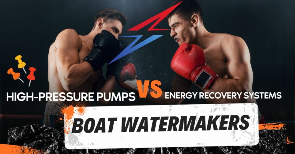 Traditional boat watermakers with high-pressure pump vs Energy Recovery Systems illustration
