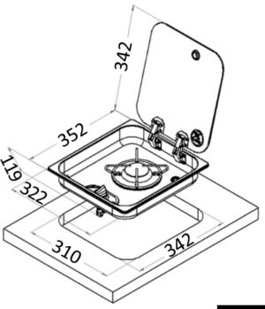 Alternative view of SS hob unit w/tinted glass cover 1 burner recess 119 mm