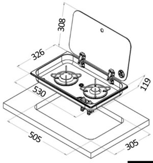 Alternative view of SS hob unit w/tinted glass cover 2 burners recess 119 mm