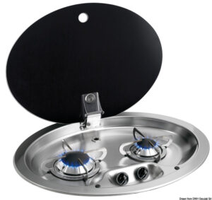 2-burner SS hob w/tinted glass cover 510x390 mm